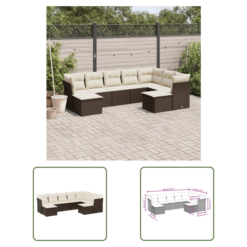 The Living Store 9-cz. zestaw mebli ogrodowych z poduszkami - brązowy - polirattan - Sofa Ogrodowa