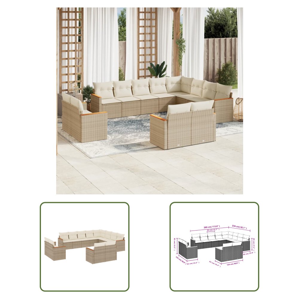 The Living Store 12-cz. zestaw mebli ogrodowych z poduszkami - beżowy - polirattan - Sofa Ogrodowa