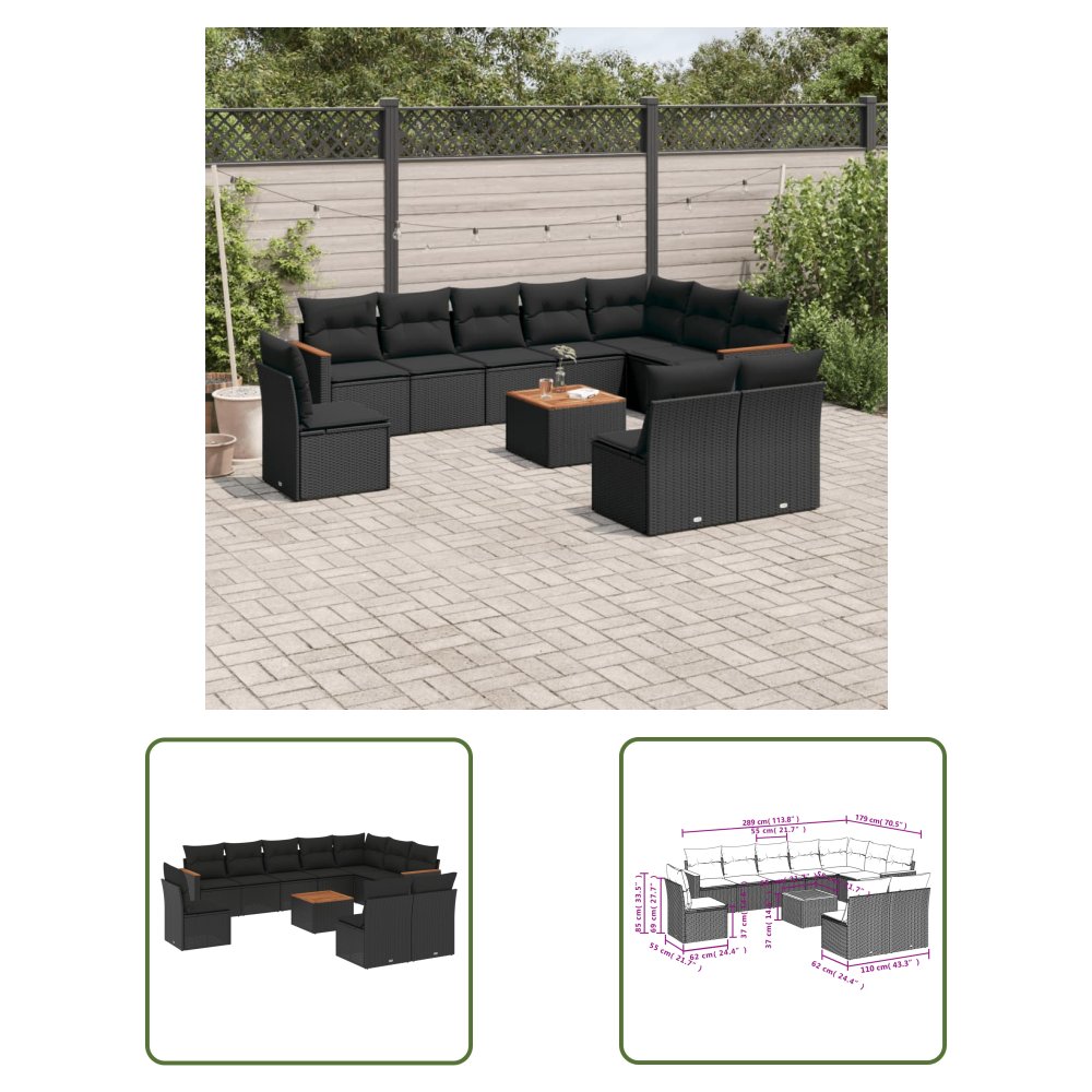 The Living Store 11-cz. zestaw wypoczynkowy do ogrodu - poduszki czarny rattan PE - Sofa Ogrodowa
