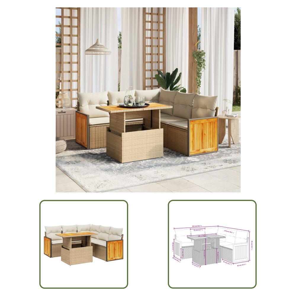 The Living Store 6-cz. zestaw mebli ogrodowych z poduszkami - beżowy - polirattan - Sofa Ogrodowa