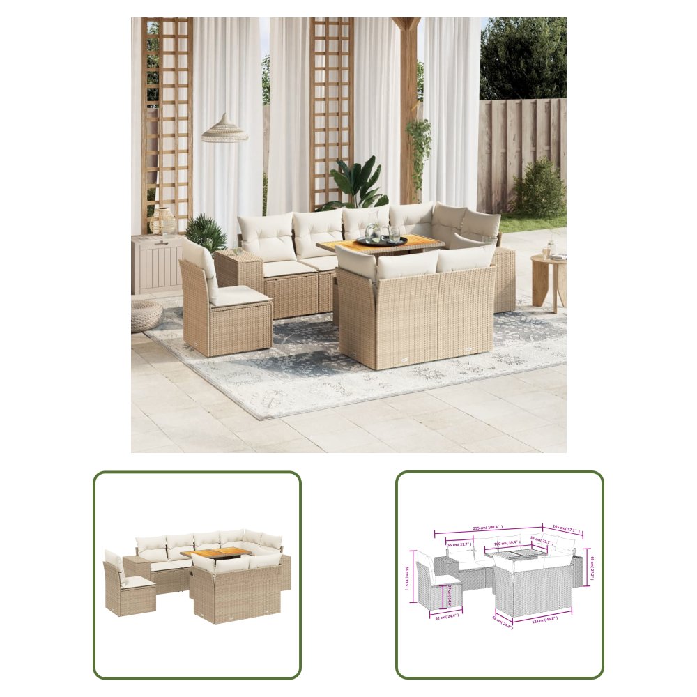 The Living Store 9-cz. zestaw mebli ogrodowych z poduszkami - beżowy - polirattan - Sofa Ogrodowa