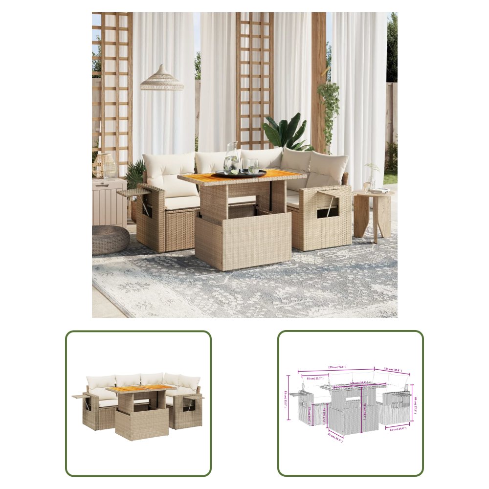 The Living Store 5-cz. zestaw mebli ogrodowych z poduszkami - beżowy - polirattan - Sofa Ogrodowa
