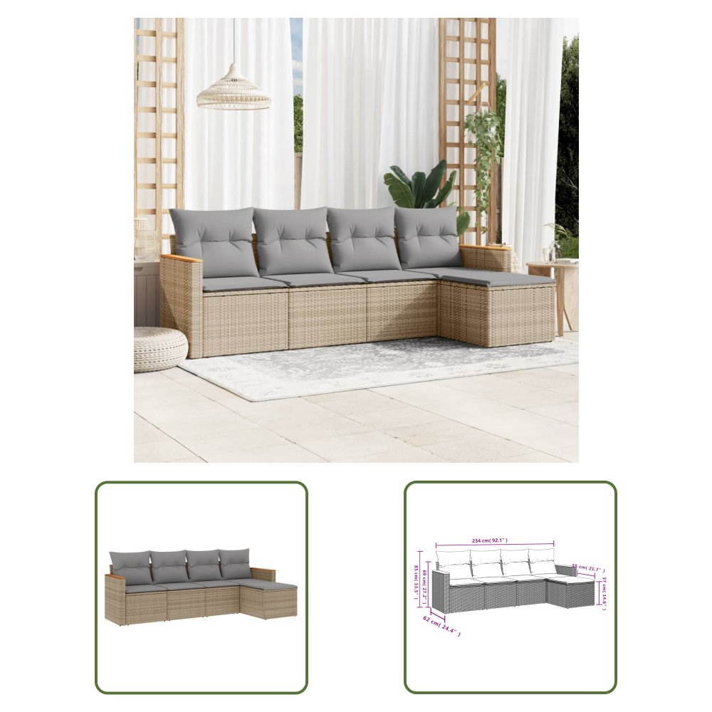 The Living Store 5-cz. zestaw mebli ogrodowych z poduszkami - beżowy - polirattan - Sofa Ogrodowa