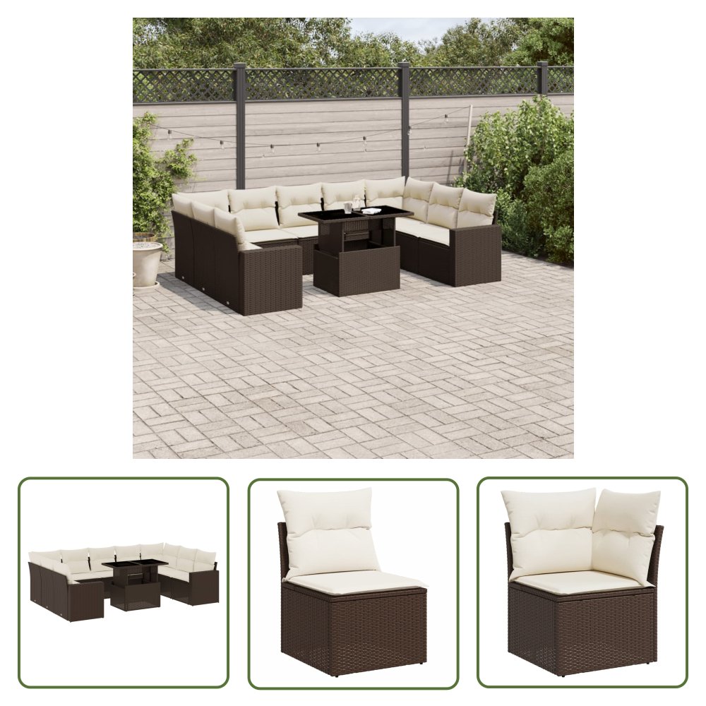 The Living Store 10-cz. zestaw mebli ogrodowych z poduszkami - brązowy polirattan - Sofa Ogrodowa