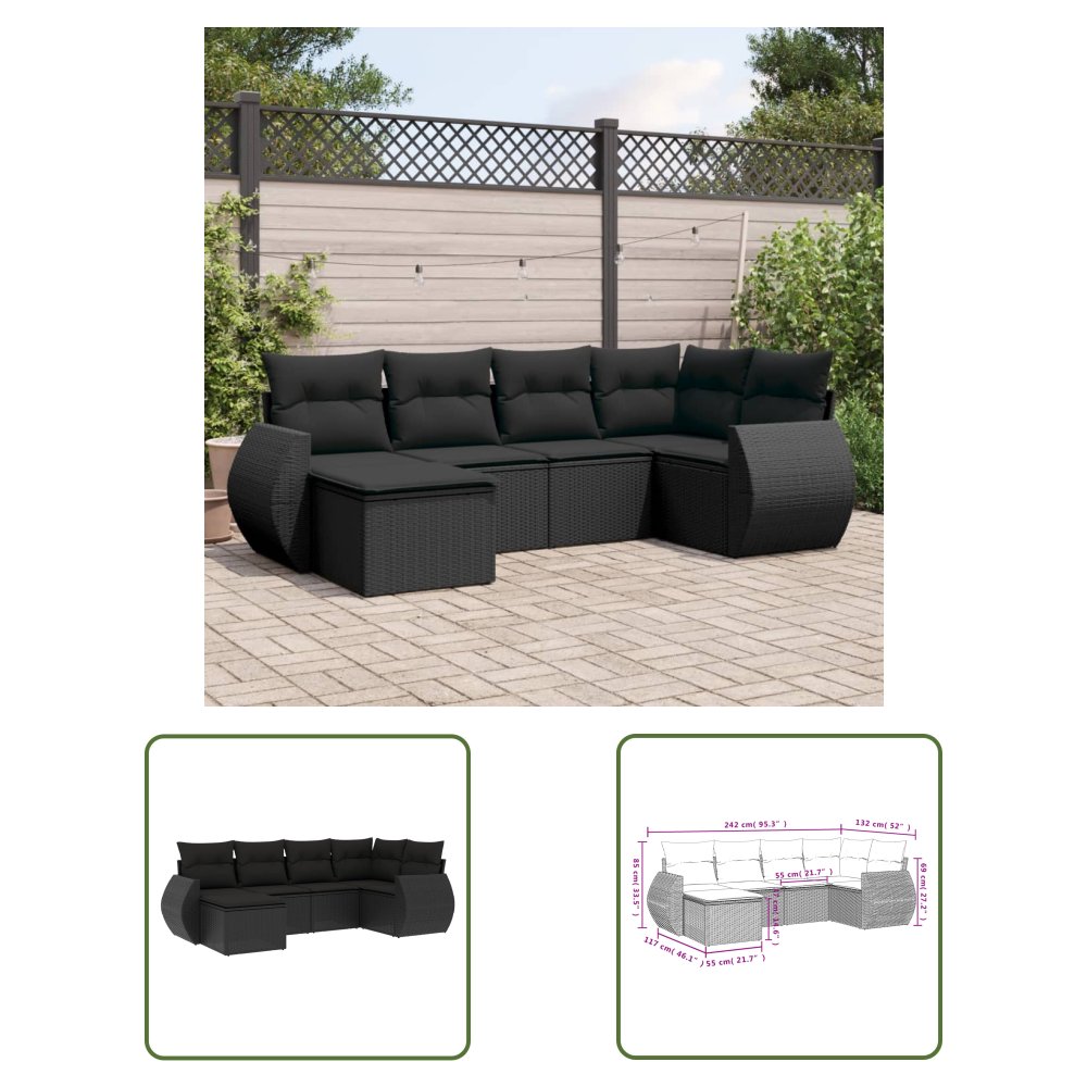 The Living Store 6-cz. zestaw mebli ogrodowych z poduszkami - czarny polirattan - Sofa Ogrodowa