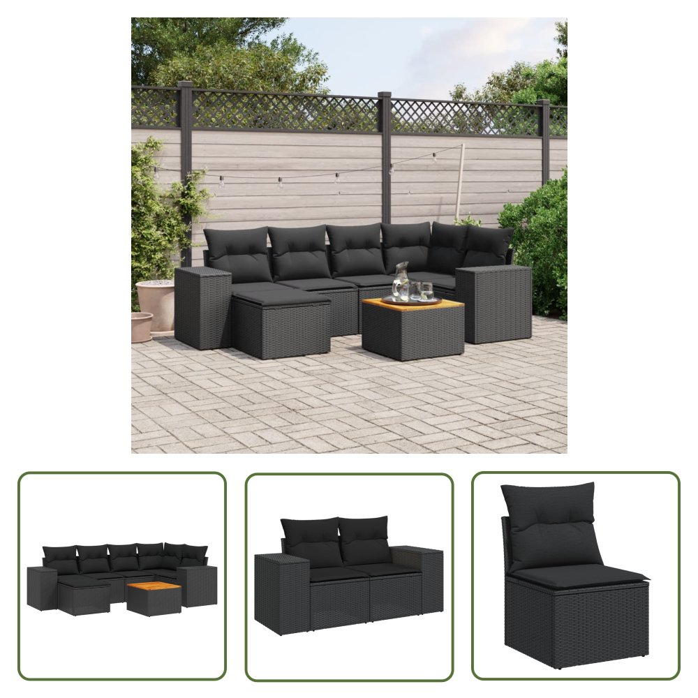 The Living Store 7-cz. zestaw wypoczynkowy do ogrodu - z poduszkami - czarny - Sofa Ogrodowa
