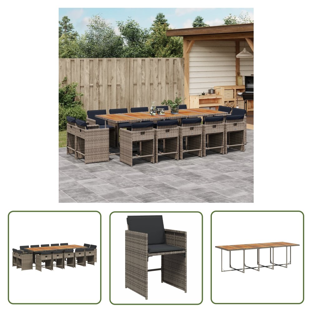 The Living Store 15-cz. zestaw mebli ogrodowych z poduszkami - szary - rattan PE - Meble Ogrodowe