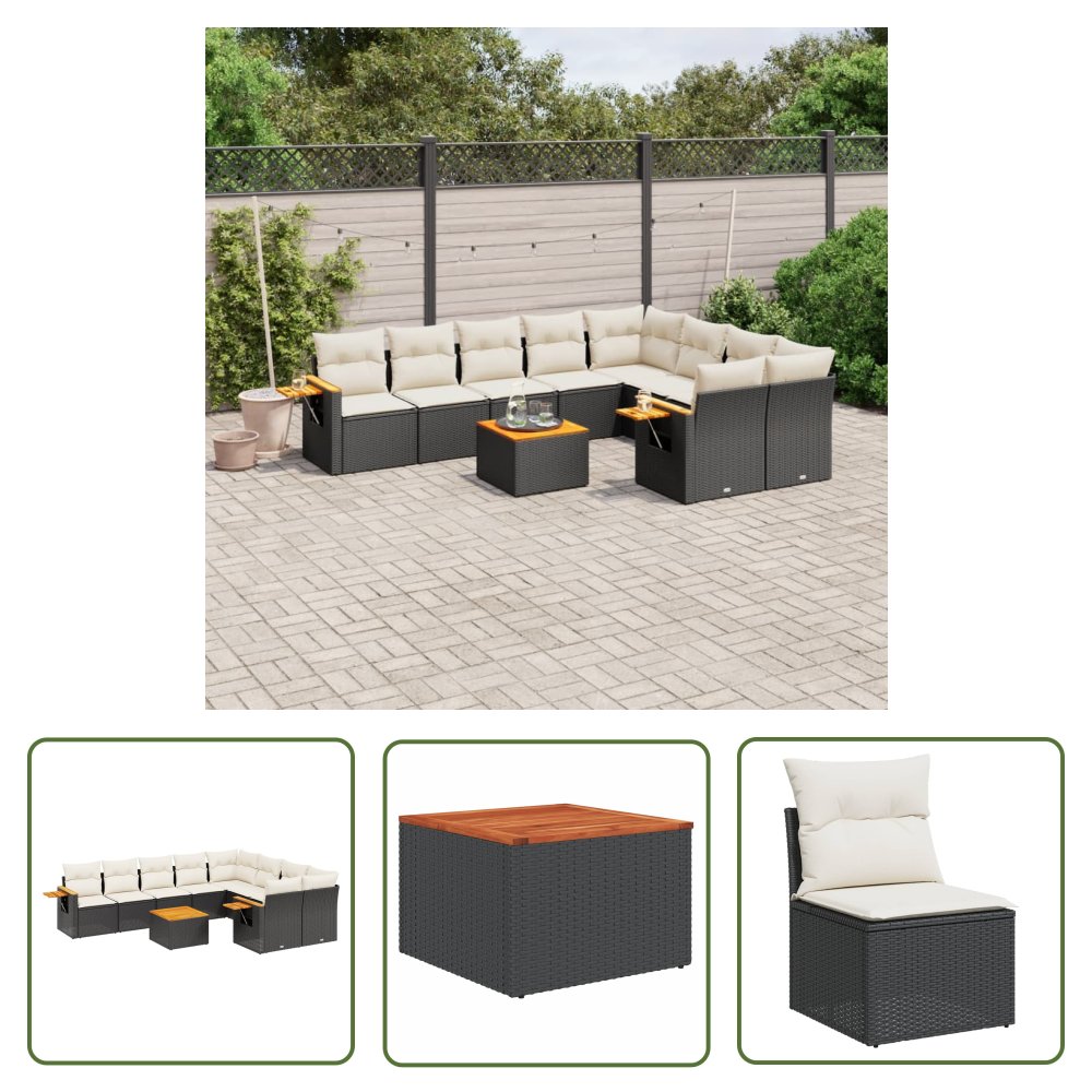 The Living Store 10-cz. zestaw wypoczynkowy do ogrodu - poduszki czarny rattan PE - Sofa Ogrodowa
