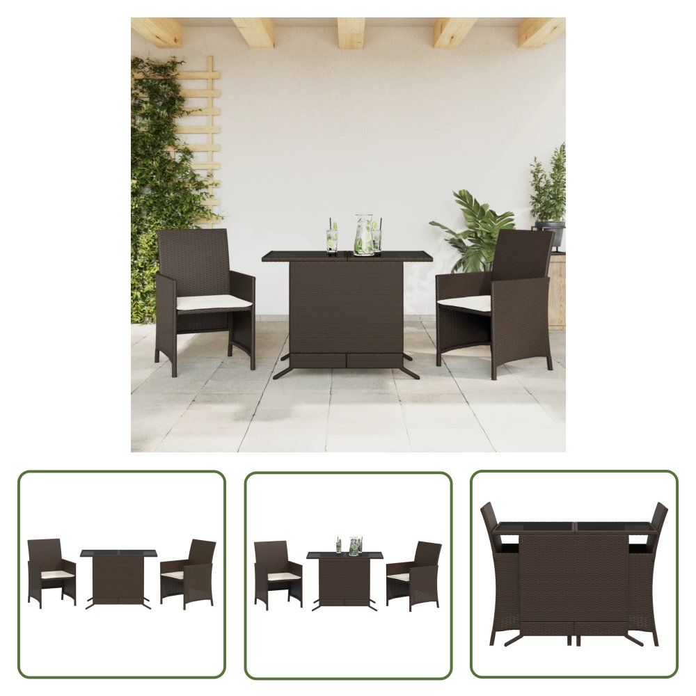 The Living Store 3-cz. zestaw mebli bistro z poduszkami - brązowy - polirattan - Meble Bistro