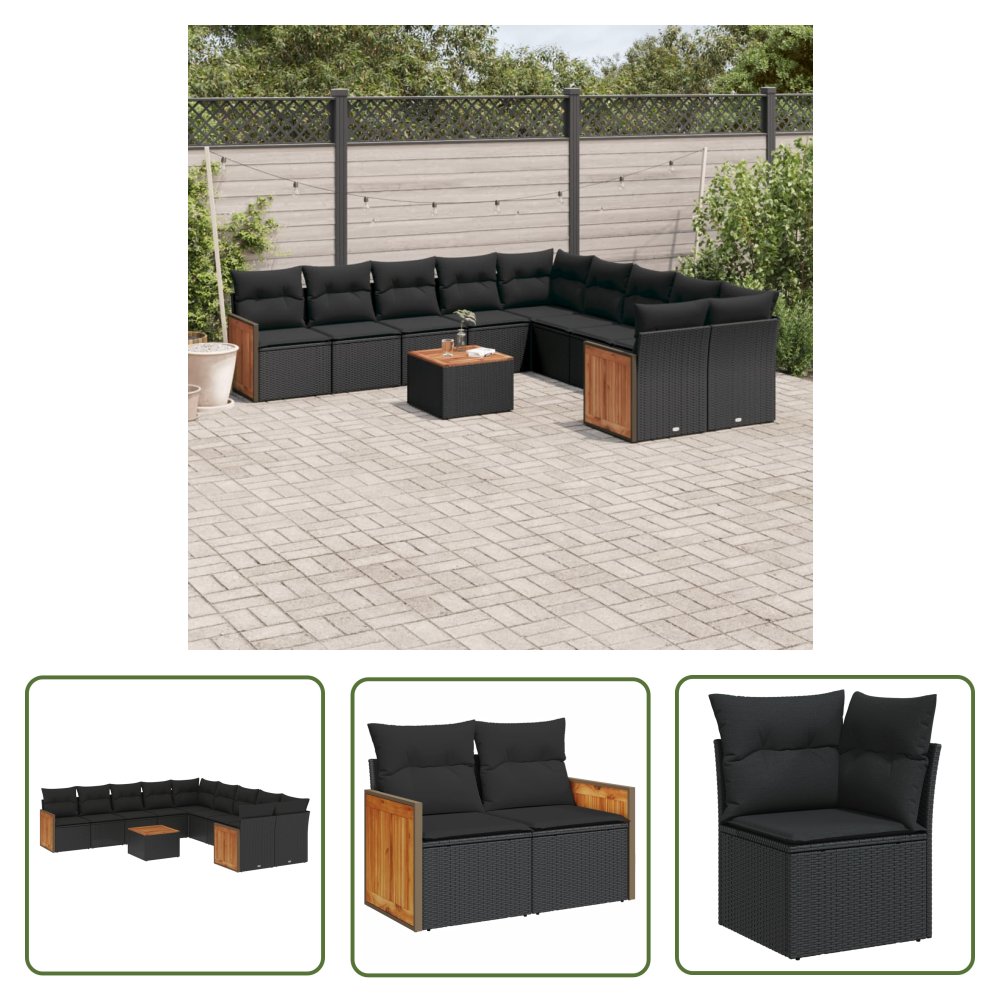 The Living Store 11-cz. zestaw wypoczynkowy do ogrodu - poduszki czarny rattan PE - Sofa Ogrodowa