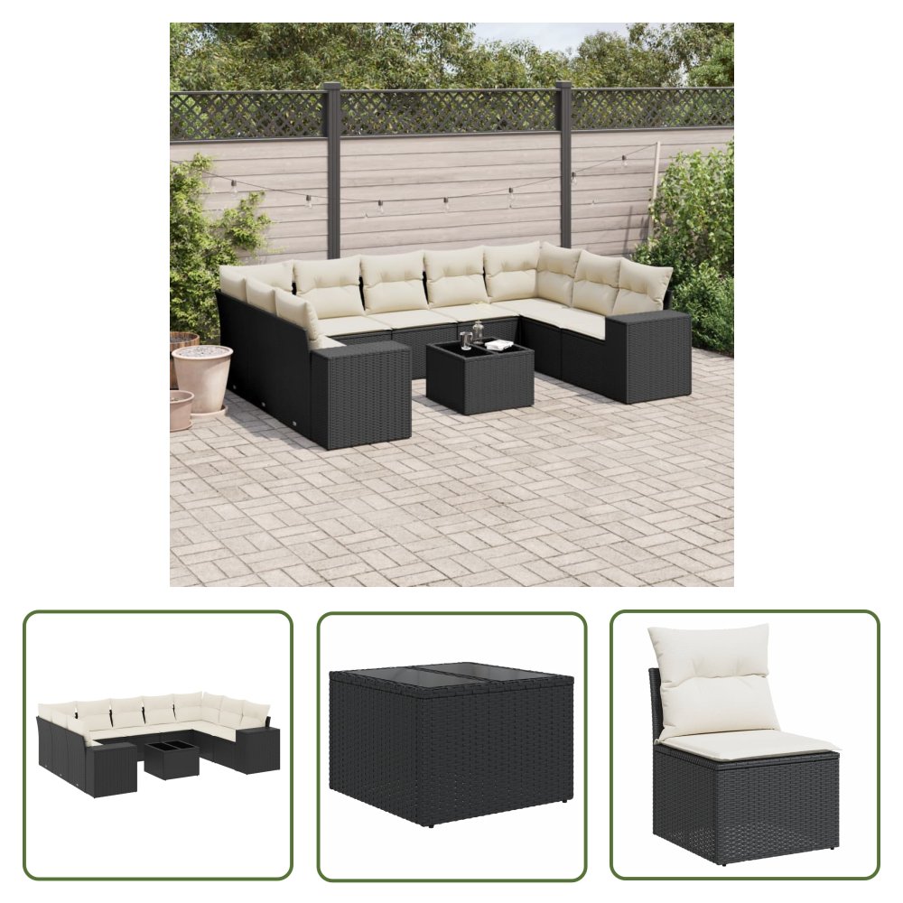 The Living Store 10-cz. zestaw wypoczynkowy do ogrodu - poduszki czarny rattan PE - Sofa Ogrodowa