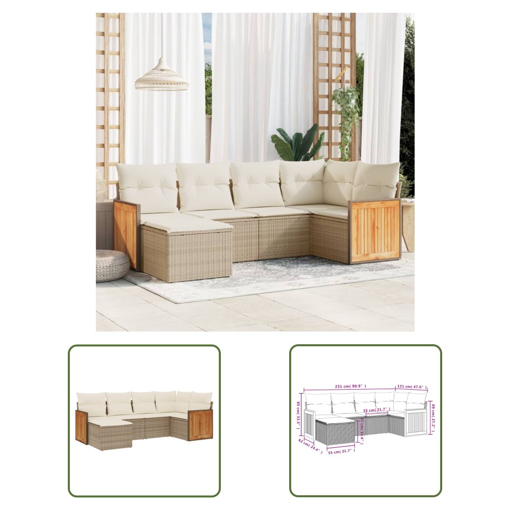 The Living Store 6-cz. zestaw mebli ogrodowych z poduszkami - beżowy - polirattan - Sofa Ogrodowa