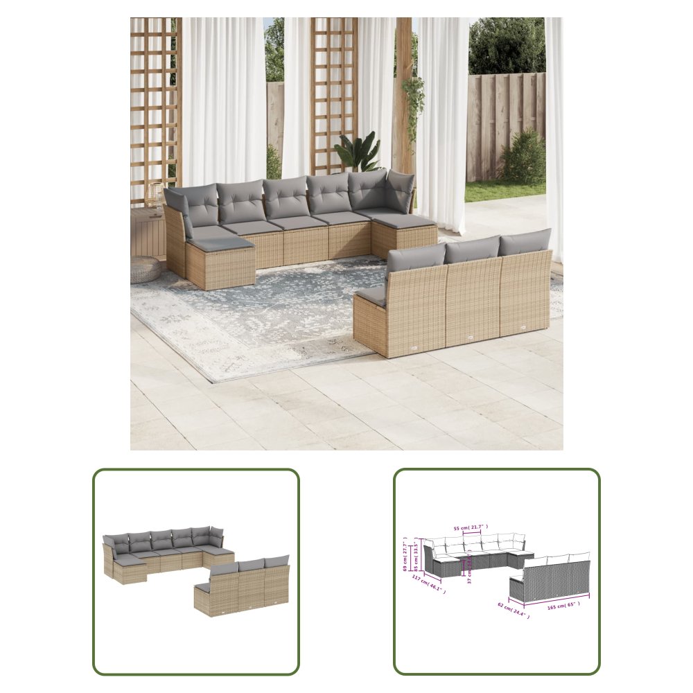 The Living Store 10-cz. zestaw mebli ogrodowych z poduszkami - beżowy - polirattan - Sofa Ogrodowa