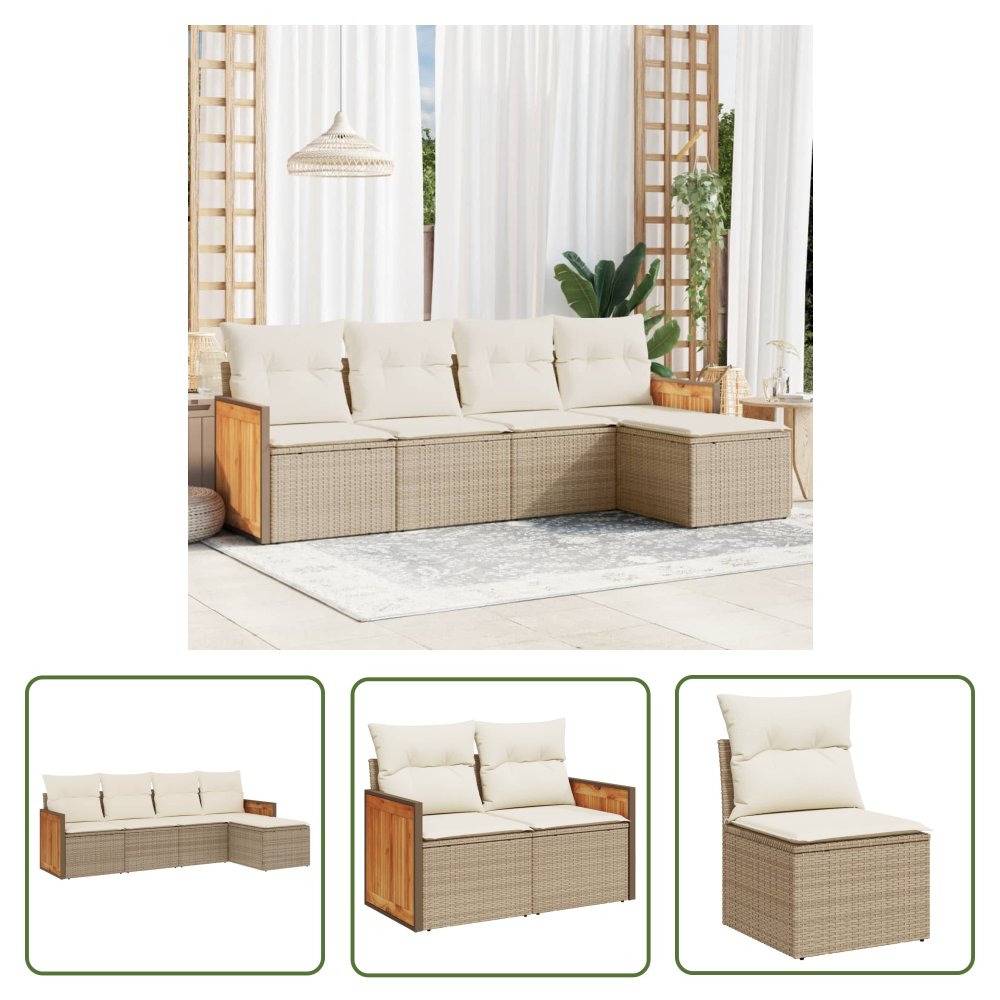 The Living Store 5-cz. zestaw mebli ogrodowych z poduszkami - beżowy - polirattan - Sofa Ogrodowa