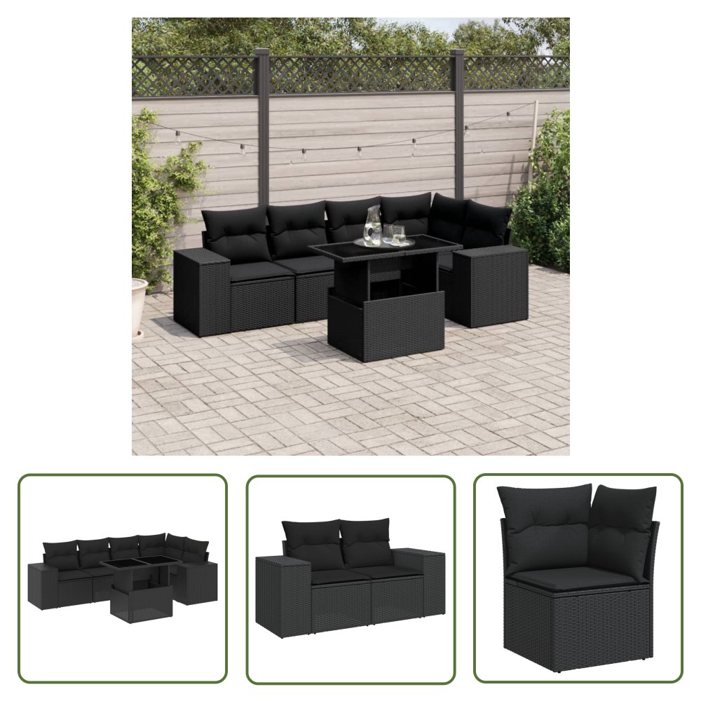 The Living Store 6-cz. zestaw mebli ogrodowych z poduszkami - czarny polirattan - Sofa Ogrodowa