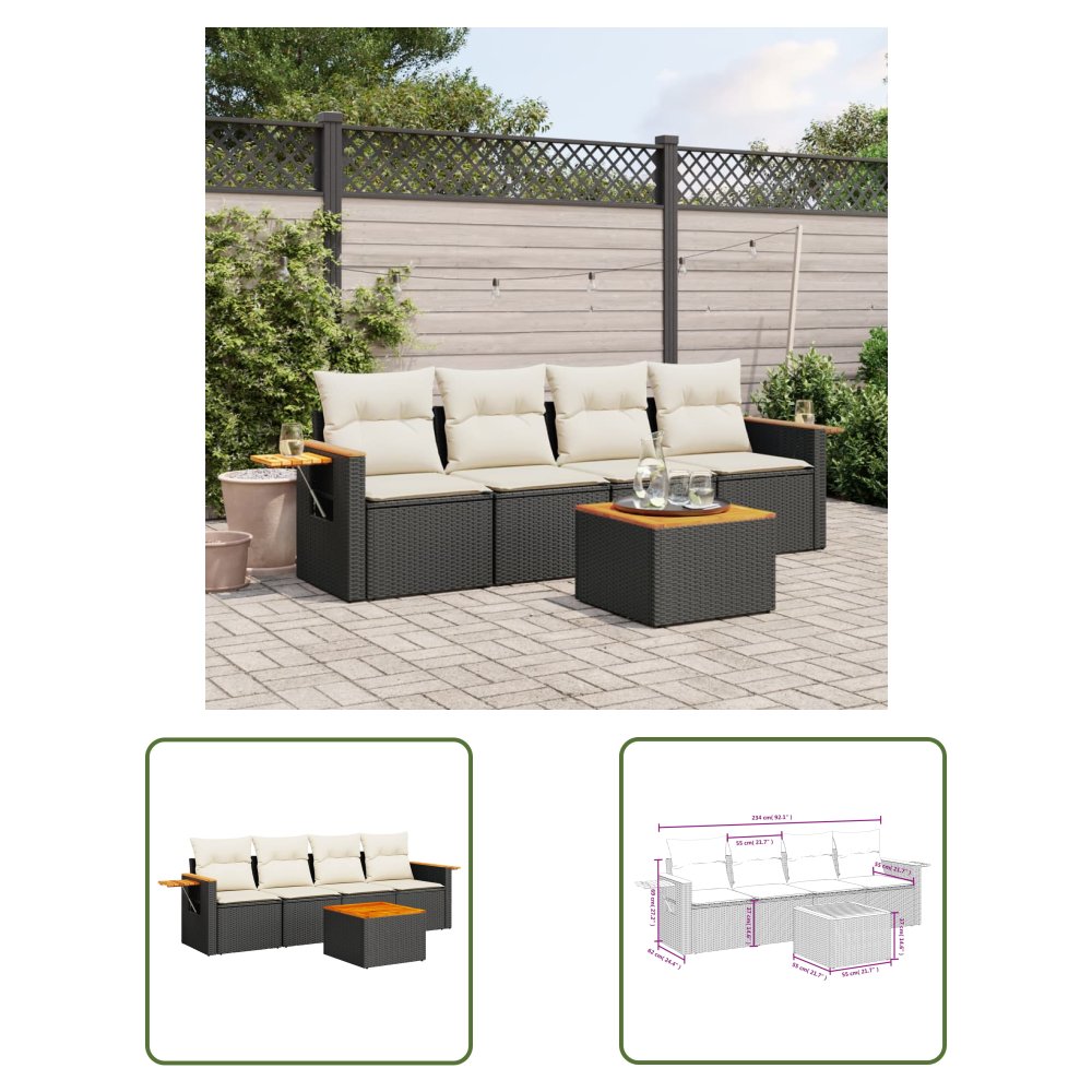 The Living Store 5-cz. zestaw wypoczynkowy do ogrodu - poduszki - czarny rattan PE - Sofa Ogrodowa