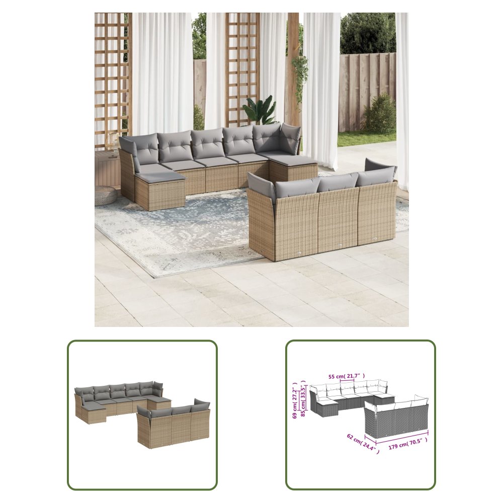 The Living Store 10-cz. zestaw mebli ogrodowych z poduszkami - beżowy - polirattan - Sofa Ogrodowa