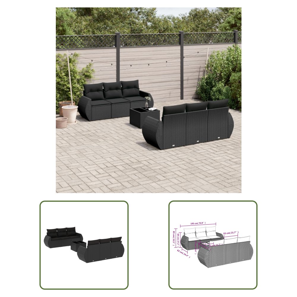 The Living Store 7-cz. zestaw wypoczynkowy do ogrodu - z poduszkami - czarny - Sofa Ogrodowa