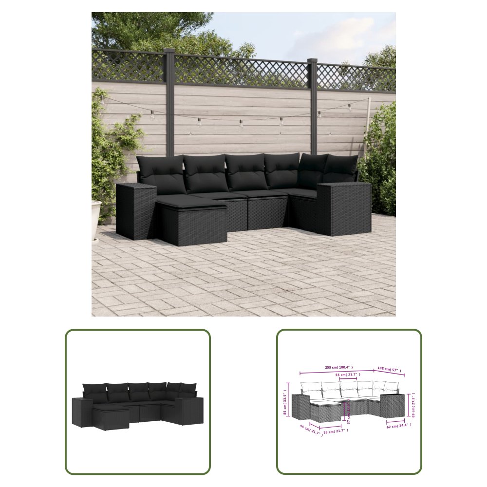 The Living Store 6-cz. zestaw mebli ogrodowych z poduszkami - czarny polirattan - Sofa Ogrodowa