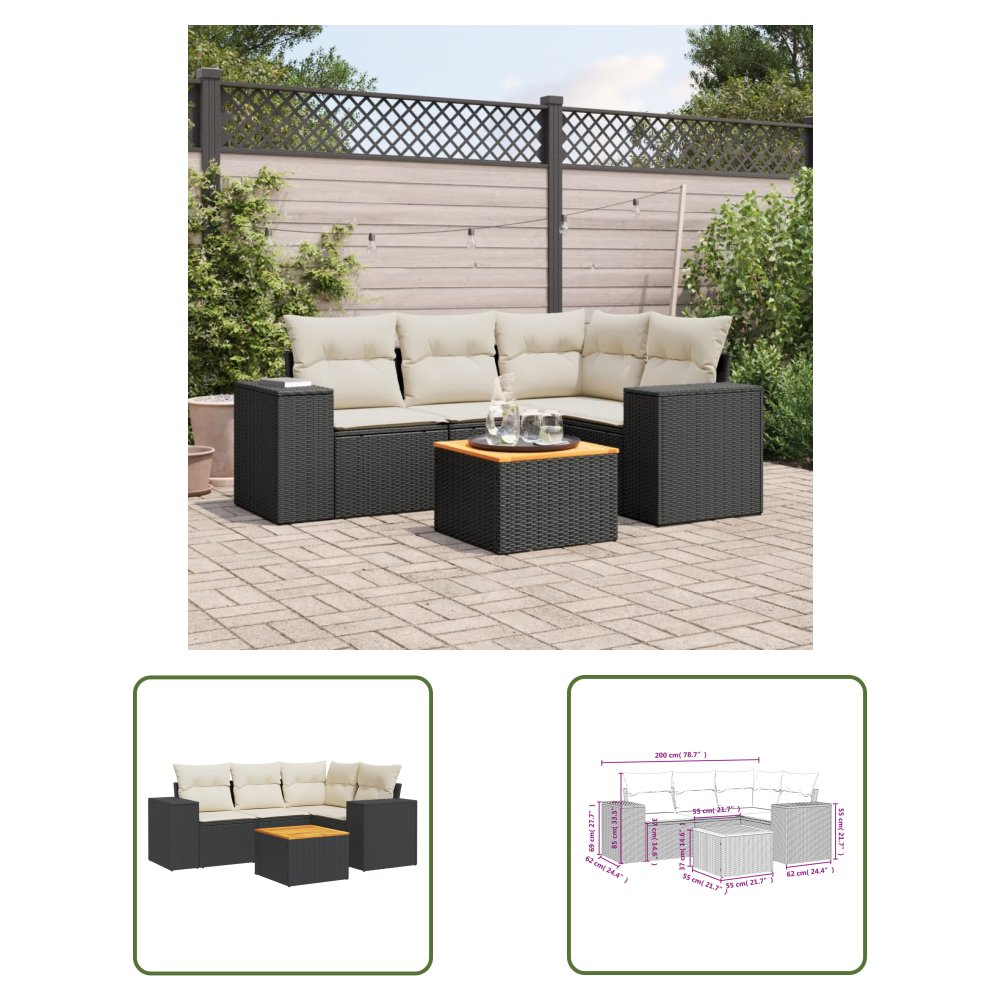 The Living Store 5-cz. zestaw wypoczynkowy do ogrodu - poduszki - czarny rattan PE - Sofa Ogrodowa