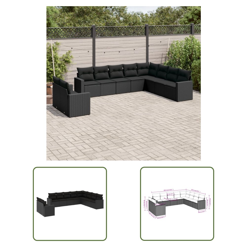 The Living Store 10-cz. zestaw wypoczynkowy do ogrodu - poduszki czarny rattan PE - Sofa Ogrodowa