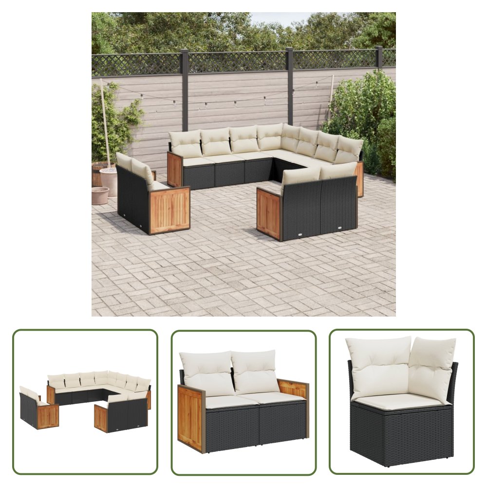 The Living Store 11-cz. zestaw wypoczynkowy do ogrodu - poduszki czarny rattan PE - Sofa Ogrodowa