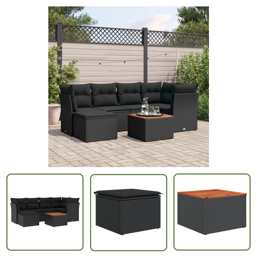 The Living Store 7-cz. zestaw wypoczynkowy do ogrodu - z poduszkami - czarny - Sofa Ogrodowa