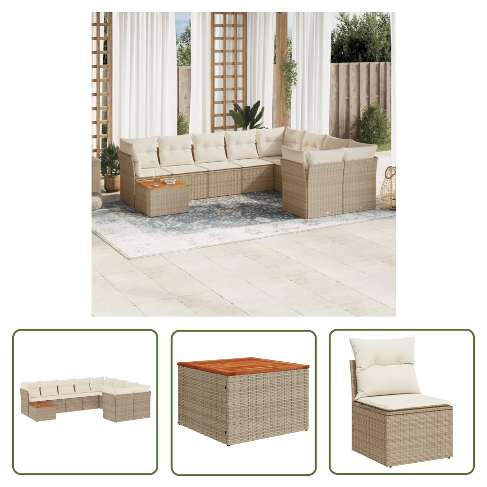 The Living Store 10-cz. zestaw mebli ogrodowych z poduszkami - beżowy - polirattan - Sofa Ogrodowa