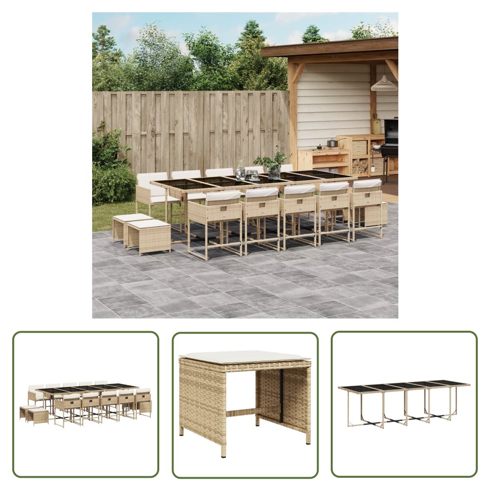 The Living Store 15-cz. zestaw mebli ogrodowych z poduszkami - beżowy - rattan PE - Meble Ogrodowe