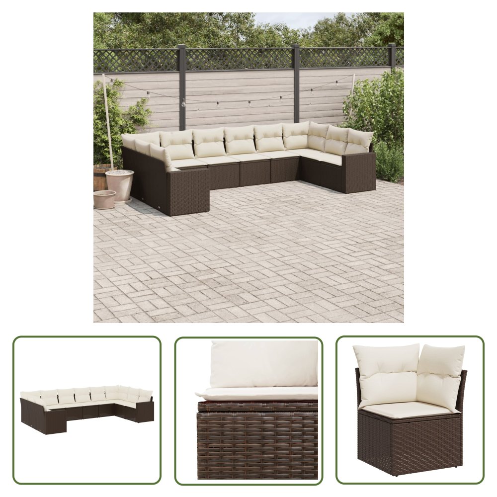 The Living Store 10-cz. zestaw mebli ogrodowych z poduszkami - brązowy polirattan - Sofa Ogrodowa