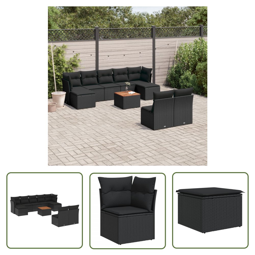 The Living Store 10-cz. zestaw wypoczynkowy do ogrodu - poduszki czarny rattan PE - Sofa Ogrodowa