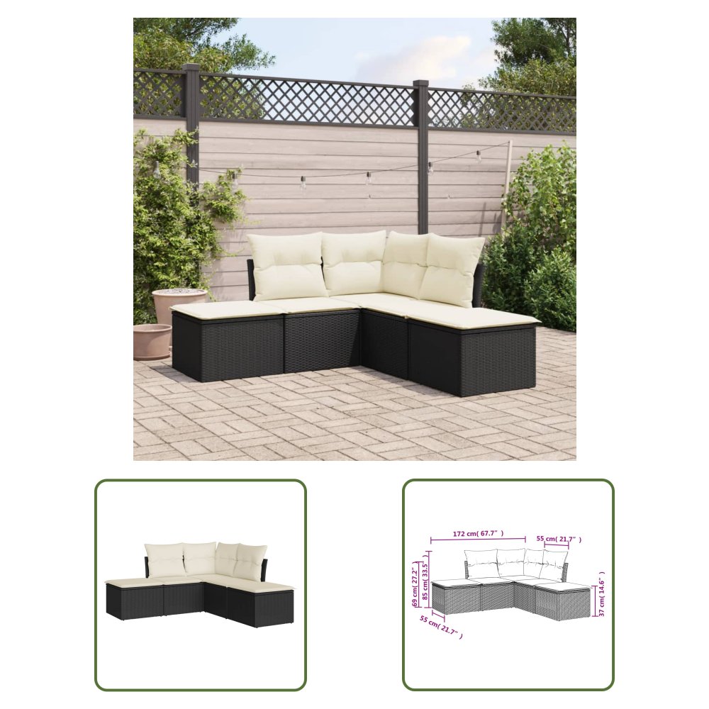 The Living Store 5-cz. zestaw wypoczynkowy do ogrodu - poduszki - czarny rattan PE - Sofa Ogrodowa