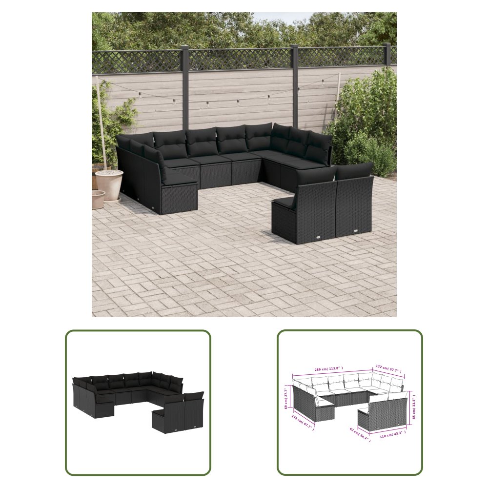 The Living Store 11-cz. zestaw wypoczynkowy do ogrodu - poduszki czarny rattan PE - Sofa Ogrodowa