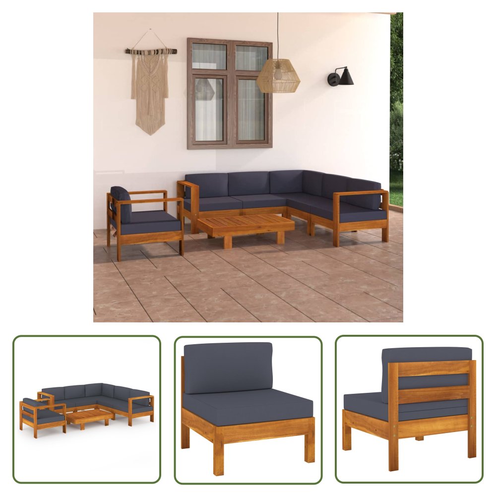 The Living Store 7-cz. zestaw mebli ogrodowych - ciemnoszare poduszki - akacja - Ogrodowy Zestaw Wypoczynkowy