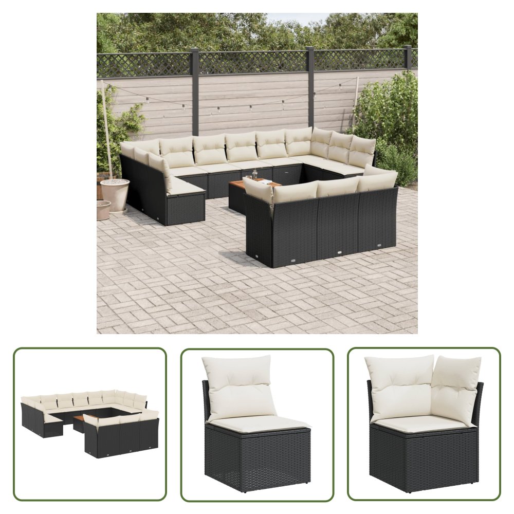 The Living Store 14-cz. zestaw wypoczynkowy do ogrodu - poduszki czarny rattan PE - Sofa Ogrodowa