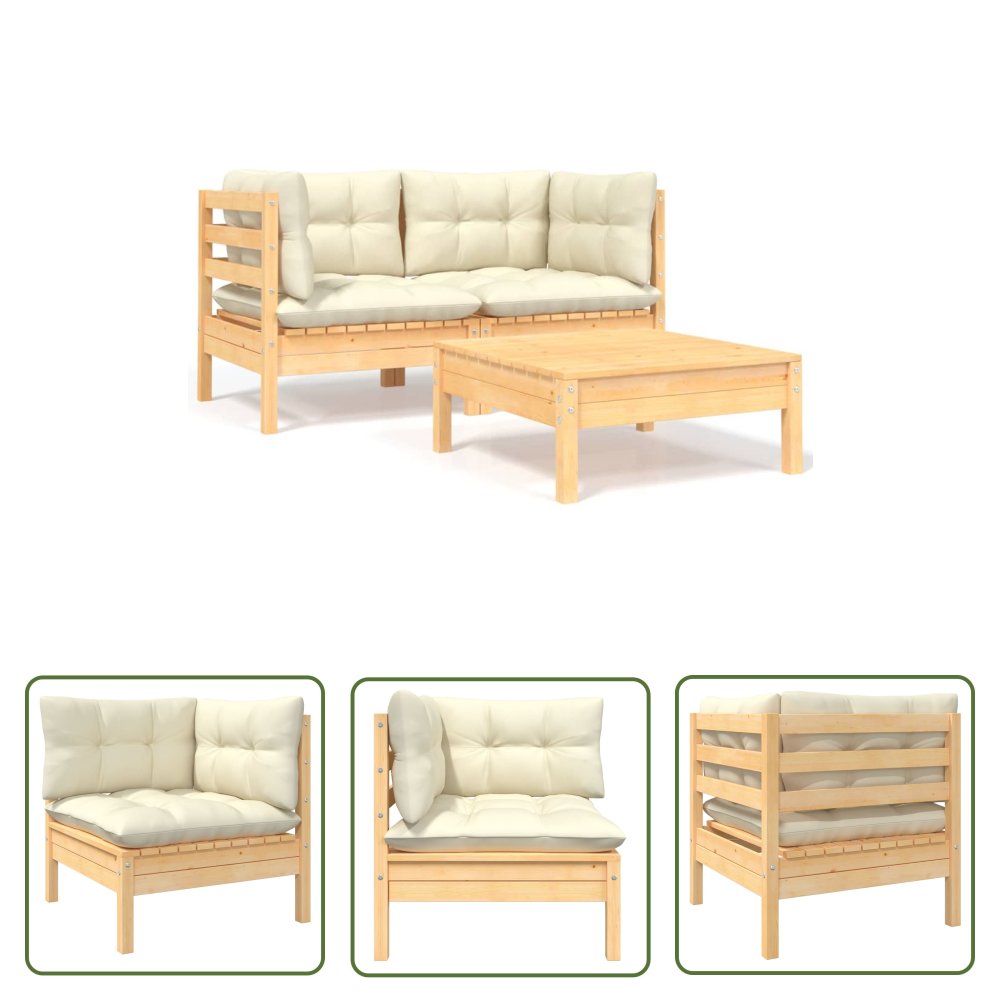 The Living Store 3-cz. zestaw wypoczynkowy z poduszkami - lita sosna - Zestaw Wypoczynkowy Do Ogrodu