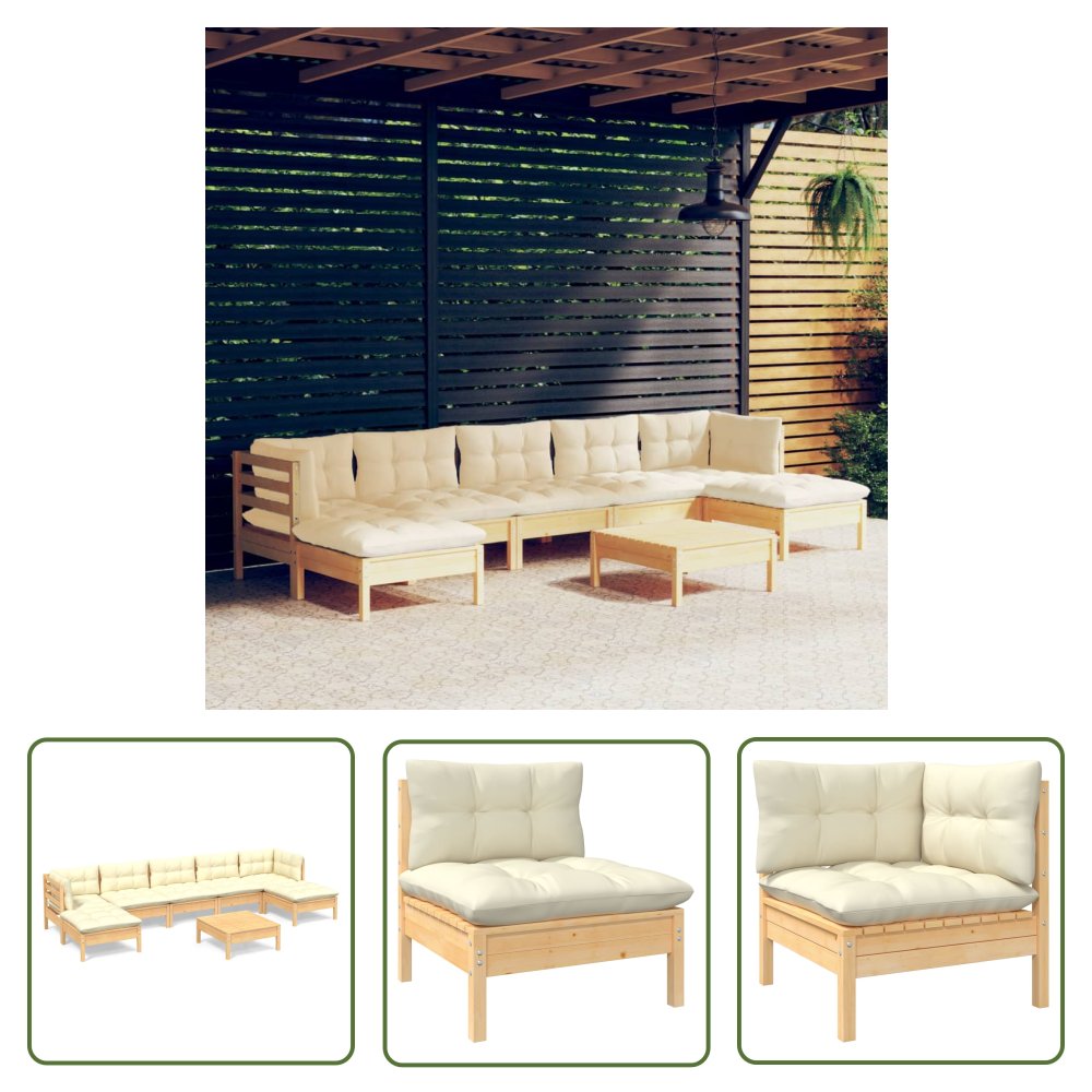 The Living Store 8-cz. zestaw wypoczynkowy do ogrodu - kremowe poduszki - sosnowy - Zestaw Wypoczynkowy Do Ogrodu