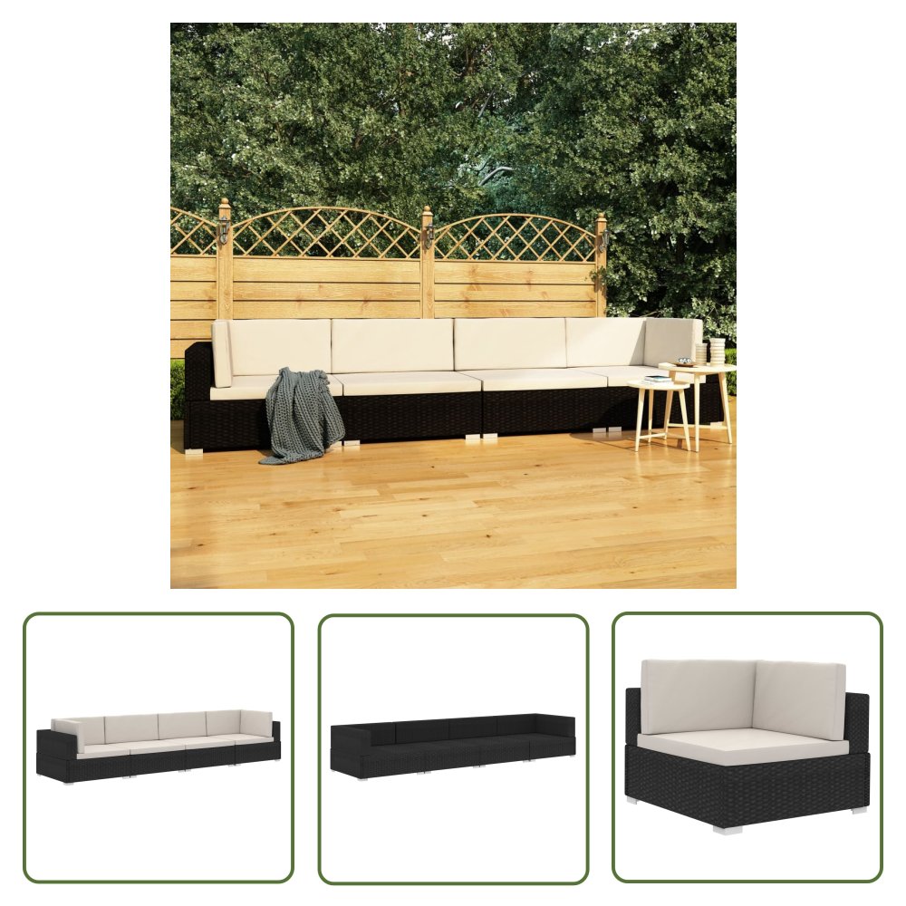 The Living Store 4-częściowa sofa ogrodowa - poduszki - rattan PE - czarna - Sofa Ogrodowa