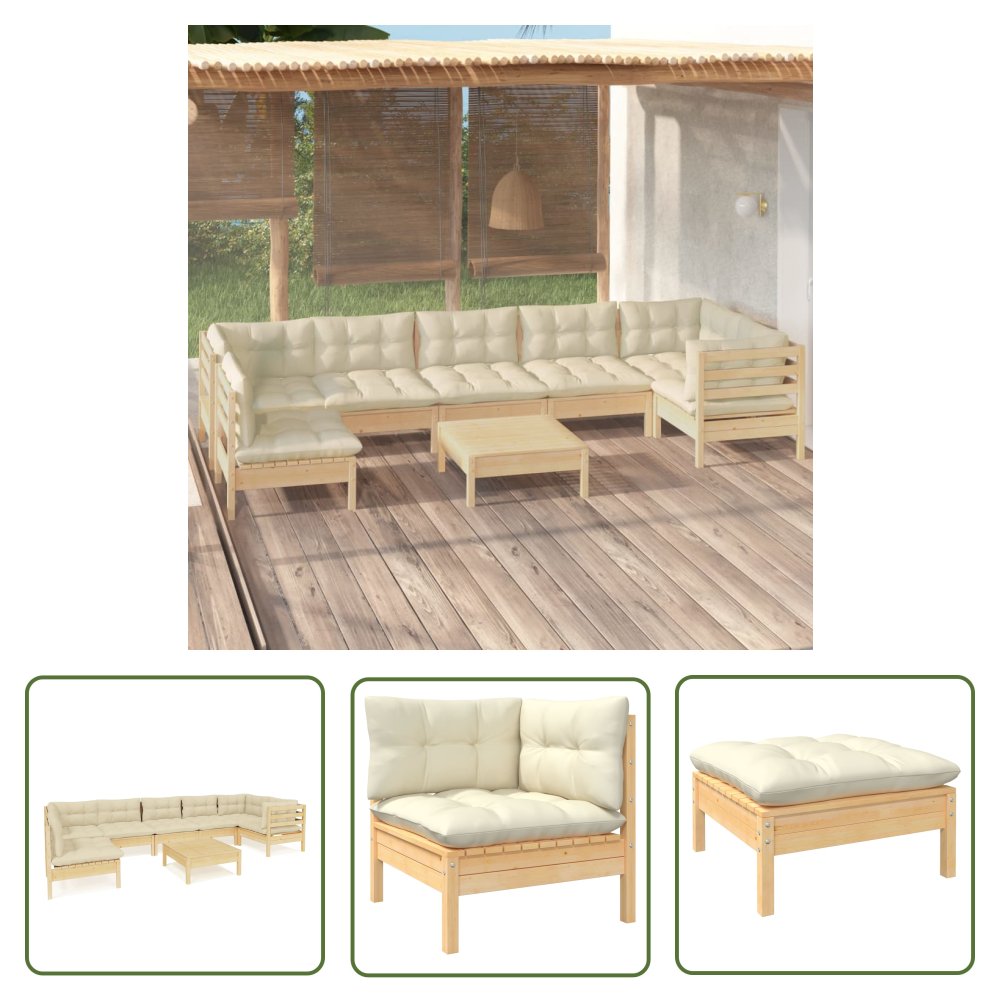 The Living Store 8-cz. zestaw wypoczynkowy do ogrodu - kremowe poduszki - sosnowy - Zestaw Wypoczynkowy Do Ogrodu