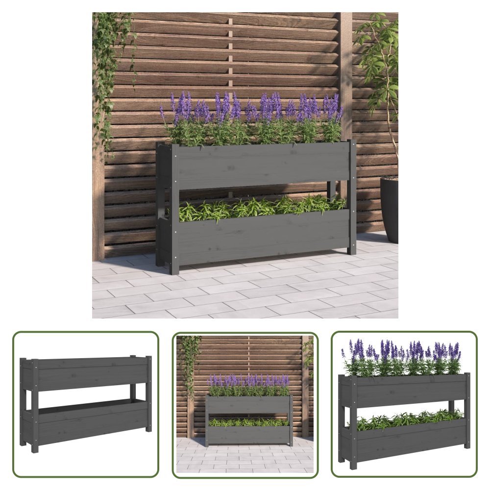 The Living Store Donica - szara - 112x25x66 cm - lite drewno sosnowe - Donica Ogrodowa