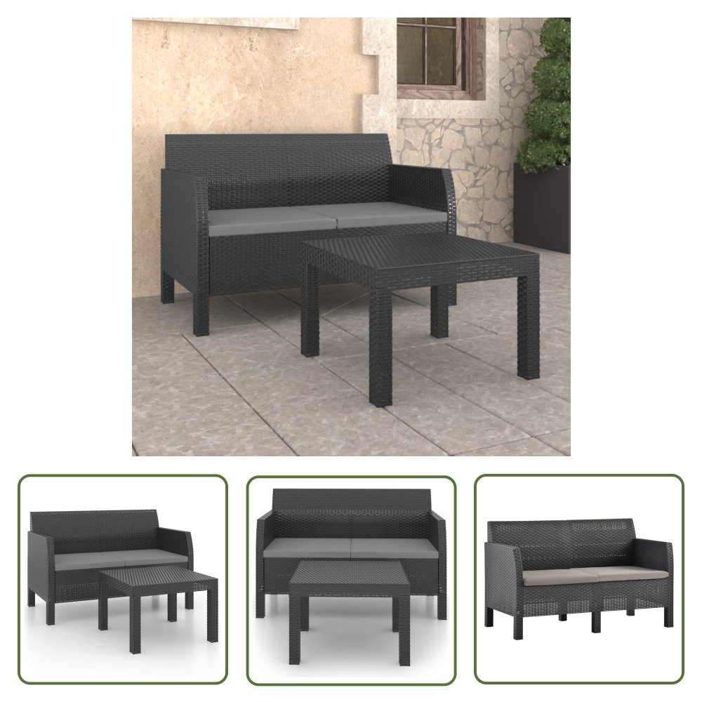 The Living Store 2-cz. zestaw wypoczynkowy - poduszki - rattan PP - antracyt - Komplet Mebli Ogrodowych