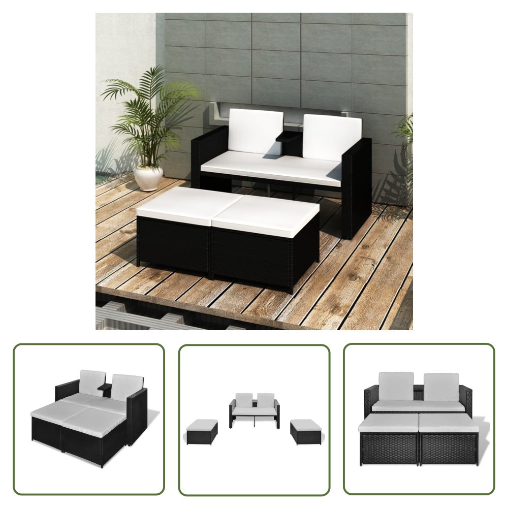 The Living Store 4-cz. zestaw wypoczynkowy do ogrodu - poduszki - rattan PE czarny - Sofa Ogrodowa I Stół