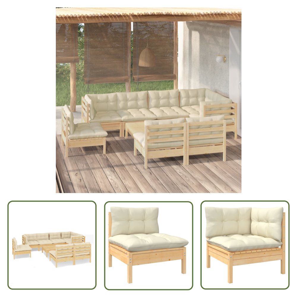 The Living Store 9-cz. zestaw wypoczynkowy do ogrodu - kremowe poduszki - sosnowy - Zestaw Wypoczynkowy Do Ogrodu