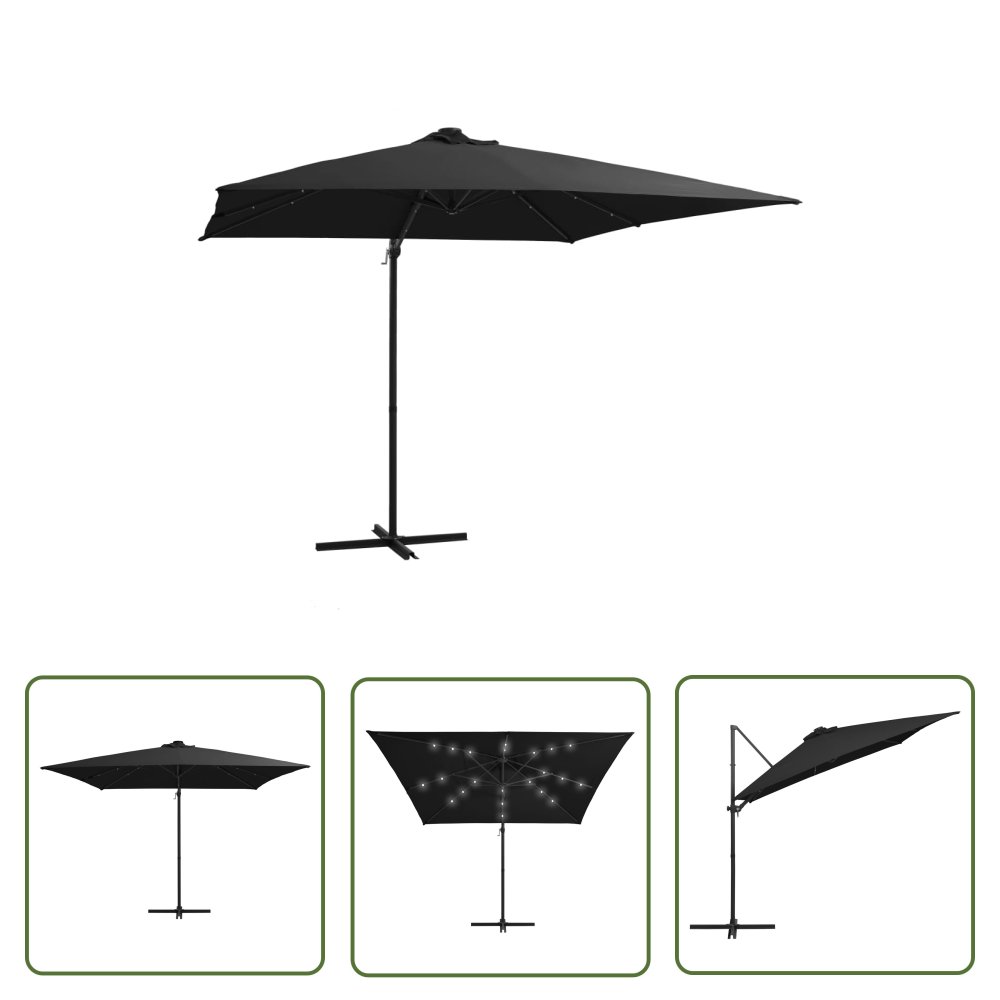 The Living Store Parasol wiszący z LED i stalowym słupkiem - 250x250 cm - czarny - Parasol Wiszący
