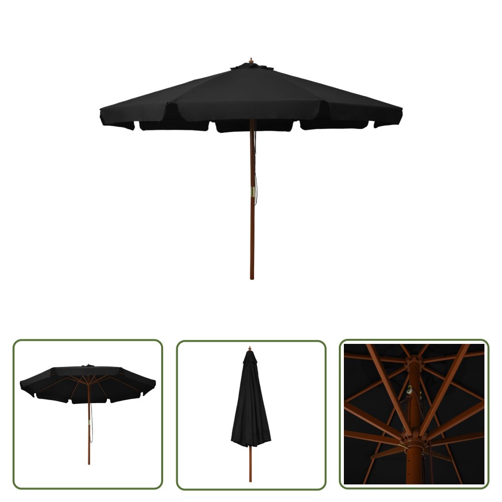 The Living Store Parasol ogrodowy na drewnianym słupku - 330 cm - czarny - Parasol