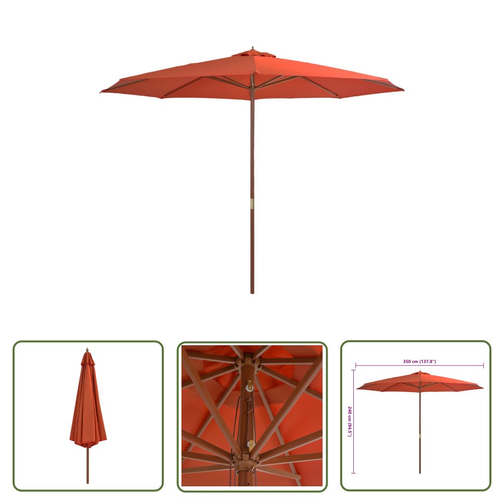 The Living Store Parasol ogrodowy na drewnianym słupku - 350 cm - terakota - Parasol