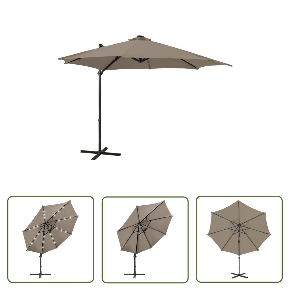 The Living Store Parasol wiszący z lampkami LED i słupkiem - 300 cm - taupe - Parasol Wiszący