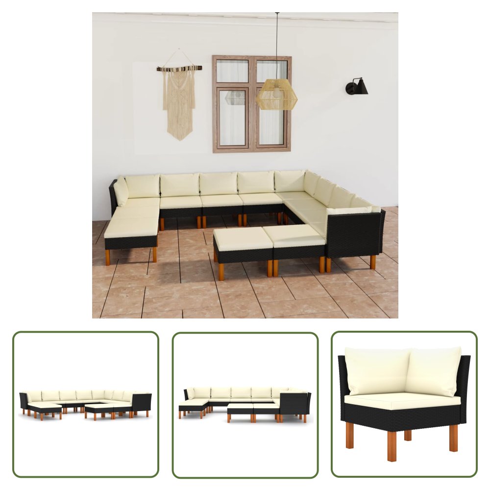 The Living Store 12-cz zestaw wypoczynkowy do ogrodu - poduszki - czarny rattan PE - Ogrodowy Zestaw Wypoczynkowy