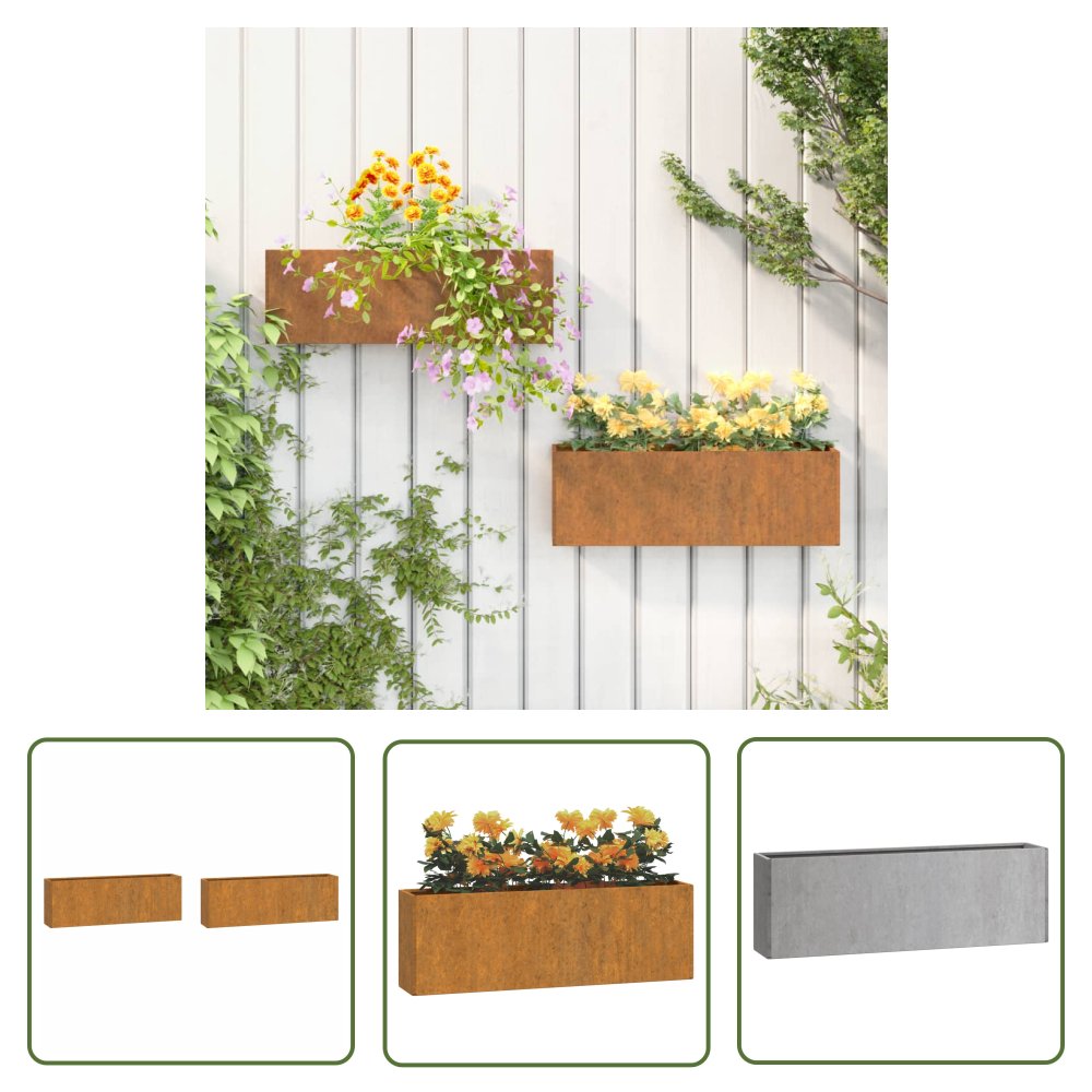 The Living Store Doniczki ścienne - 2 szt. - rdzawe - stal kortenowska - 53x10x17 cm - Doniczka