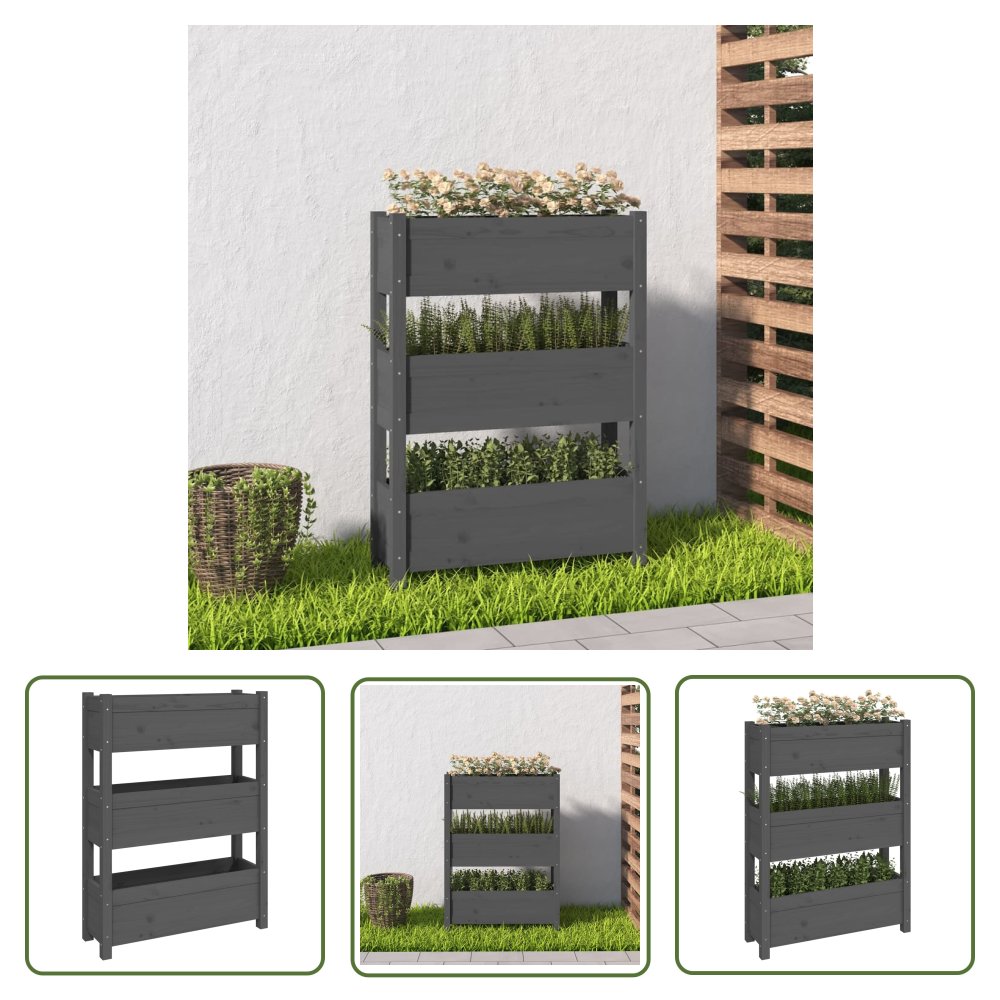The Living Store Donica - szara - 77x25x104 -5 cm - lite drewno sosnowe - Donica Ogrodowa